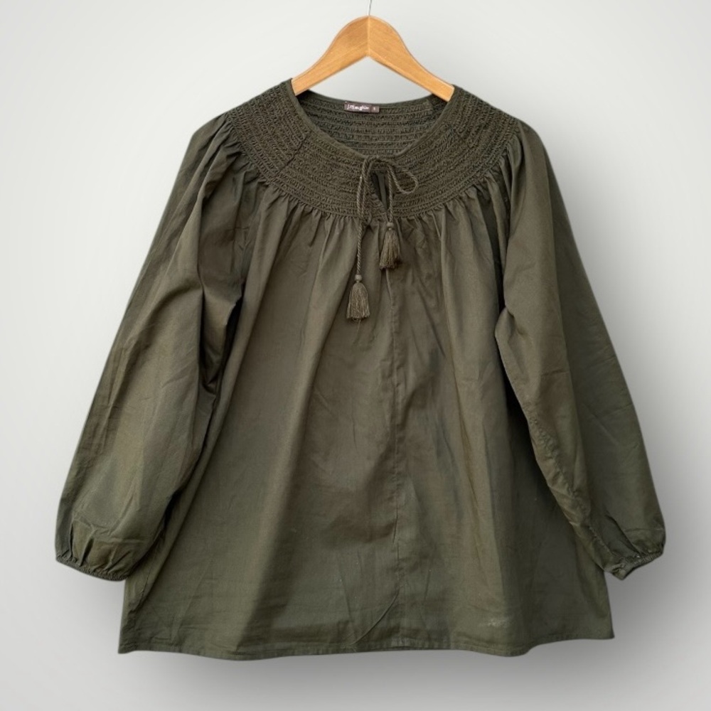 J. McLaughlin Forest Green Smocked Blouse